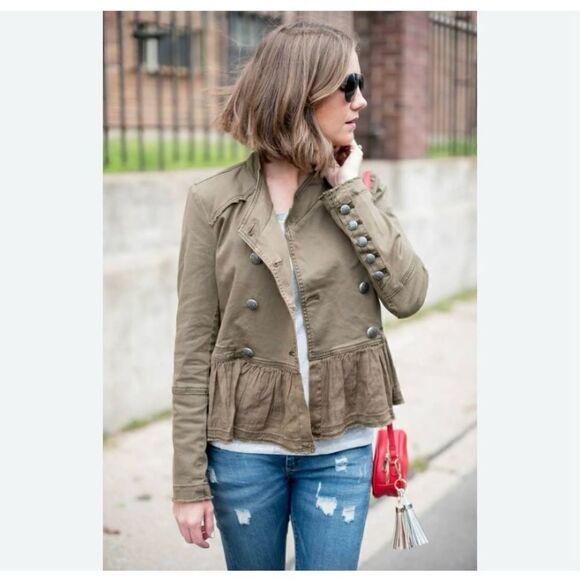 Free People military ruffle hem olive button up jacket S - Picture 4 of 10